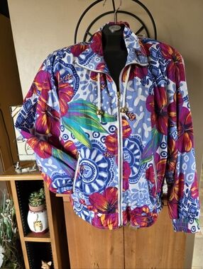 Vintage 80s 90s Vibrant Hibiscus Floral Oversized Windbreaker Jacket Sz M